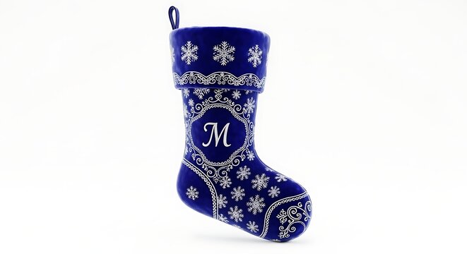Royal blue velvet christmas stocking with monogram decorative snowflake pattern holiday gift presentation