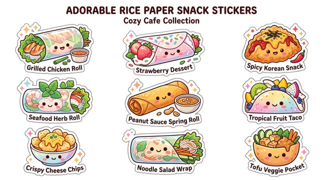 Adorable Kawaii Rice Paper Snack Stickers featuring a Cozy Cafe Collection with cute food illustrations like grilled chicken rolls, strawberry desserts, and tacos.