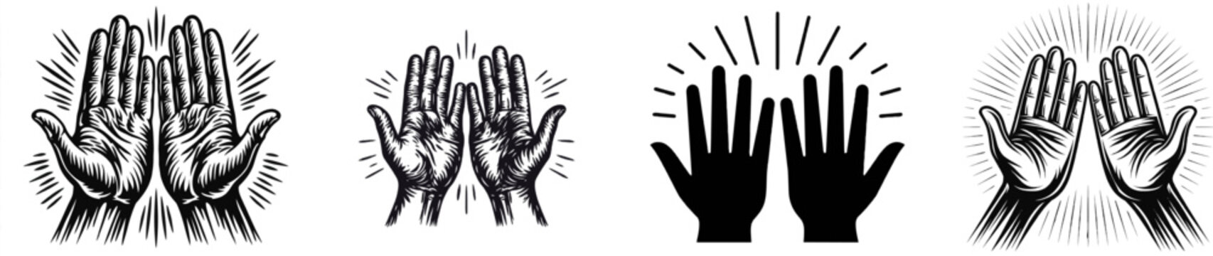 Two hands meet in a high-five, action lines radiating from the palms against a stark black silhouette on white background