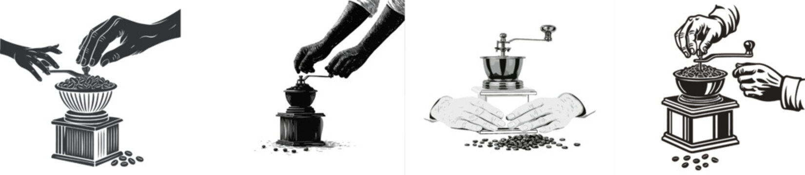 Two hands engage in the meticulous process of grinding coffee beans using an old-fashioned manual grinder, with scattered beans indicating a momentary pause in the grinding action