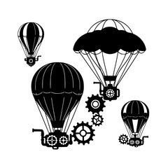 Naklejka premium Steampunk Silhouette Collection of Parachutes and Balloons with Gears and Cogs