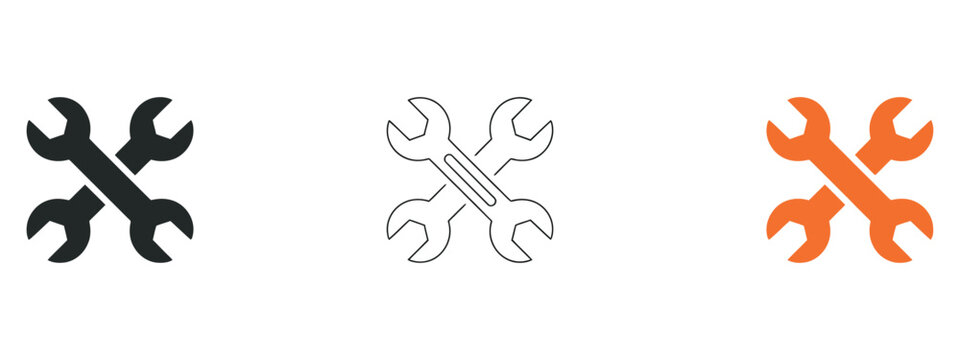 Crossed wrench and spanner icon set in black, orange, and line art style for repair and maintenance design.
