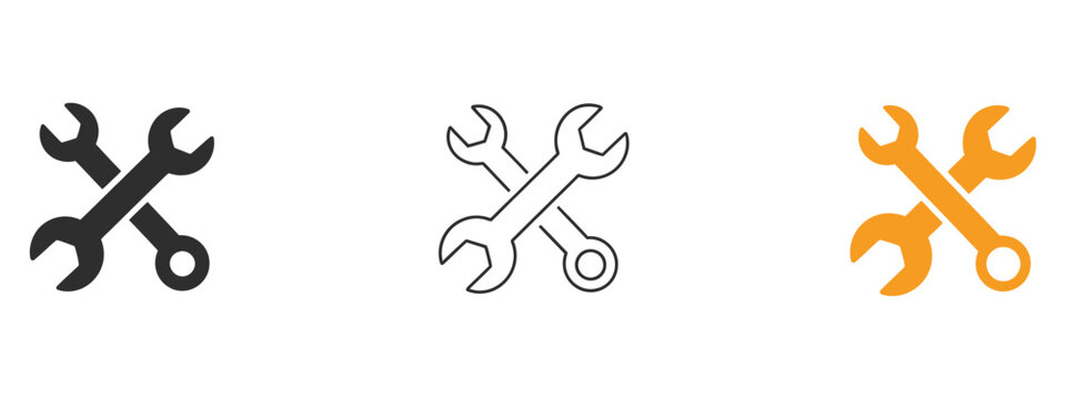 Crossed wrench and spanner icons set in black and orange line art for automotive repair and service concepts.