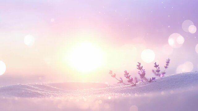 淡いピンク色の光が広がる幻想的な背景空間に小さな花々がぼんやりと浮かぶ優しい壁紙風景