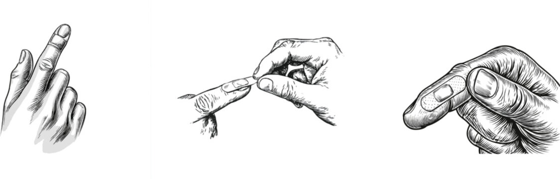 A hand delicately applies a simple adhesive bandage to the index finger of another hand, showcasing precise technique against a stark white background
