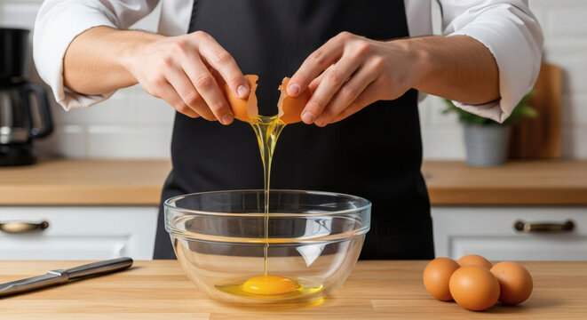 a person in a kitchen cracking an egg into a clear glass bowl kitchen scene cooking activity food pr
