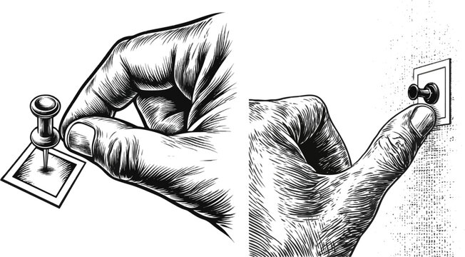 A hand delicately pins a small rectangle photo to a corkboard using a bold black pushpin against a stark white background