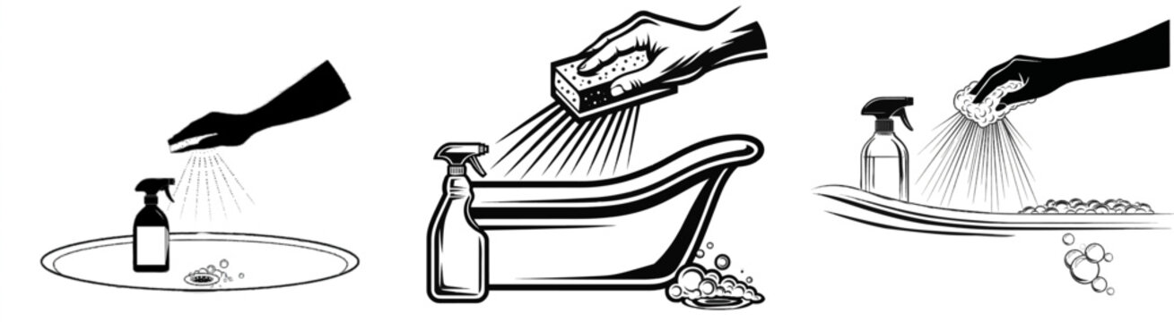 A hand scrubs a bathtub rim with a sponge while a spray bottle of cleaner is nearby, bubbles float near the drain in this high-contrast, clean illustration