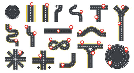 Roadway, highway, street, and path vector icons, 20 elements, black and white, asphalt road, transportation infrastructure, urban planning © Adam