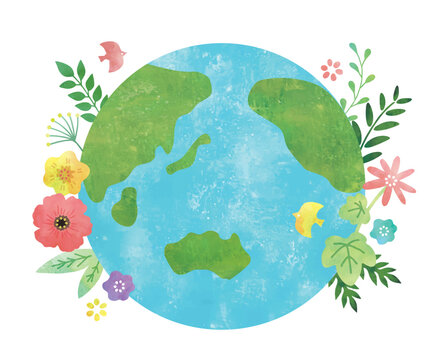 花や植物があふれる地球水彩画