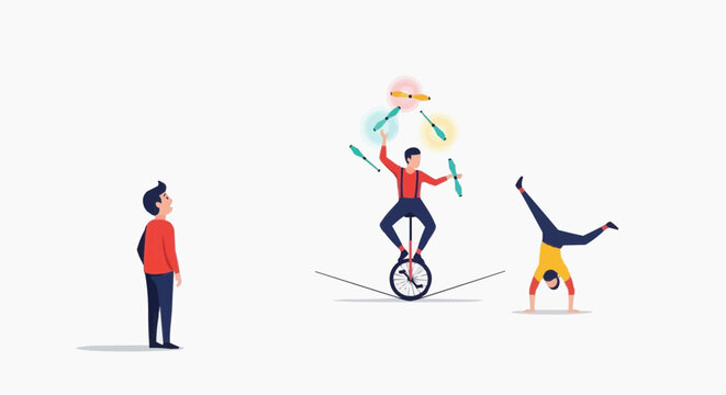 Circus performers juggling on unicycle and doing handstand while spectator watches