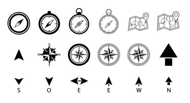 Navigation icons, compass symbols, directional signs, map markers, 20 navigation elements, vector graphics