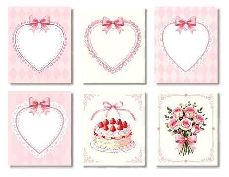 Pink coquette aesthetic heart frames with elegant vintage bows, strawberry cream cake, and beautiful rose bouquet illustration
