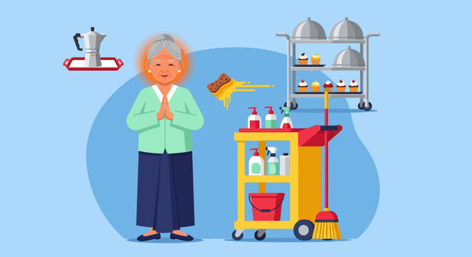Cartoon janitor, cleaning cart, colorful illustration, cleaning supplies, vector icon
