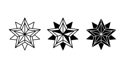 Obraz premium Geometric Star Icons Set, Abstract Celestial Emblems, Modern Geometric Starburst Symbols, Vector Graphic Elements