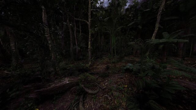 Mossy fallen log in dense forest. Fungal clusters and decaying bark, damp leaf carpet, rich textures, ecologist kneeling to collect samples.