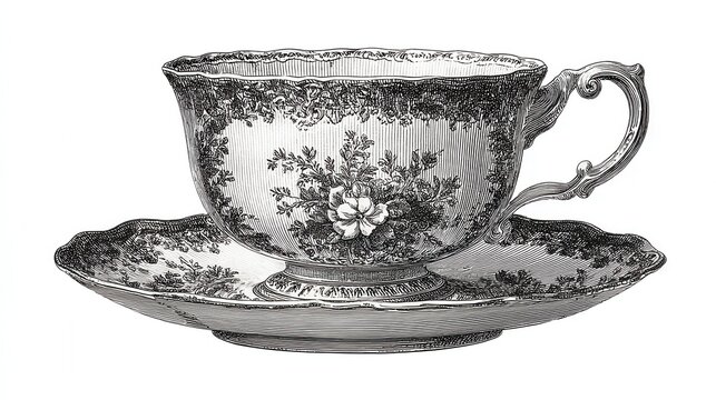 Antique teacup with saucer floral pattern engraving sketch vintage porcelain tableware on white background