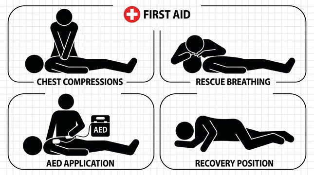 First aid procedures set with chest compressions rescue breathing aed recovery