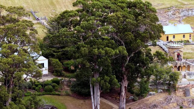 Tele view of historic ruins of gaol colonial convict prison in Tasmania, Australia.
