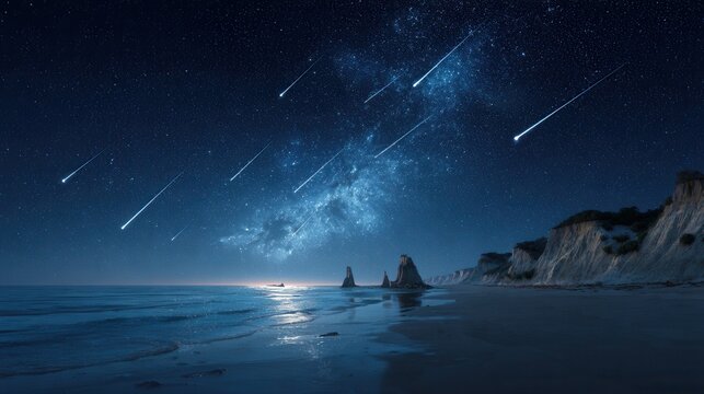 Starry night sky with meteor shower over calm ocean coast scenic landscape with milky way view