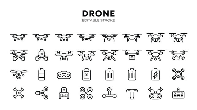Drone editable stroke icon set with flying quadcopter technology symbols collection