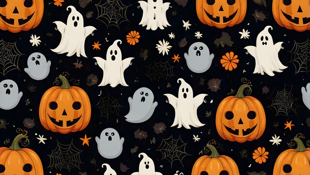 Seamless Halloween pumpkin and ghost pattern dark background festive spooky design