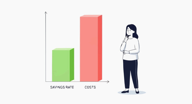 Woman contemplating savings rate versus costs shown on a bar chart