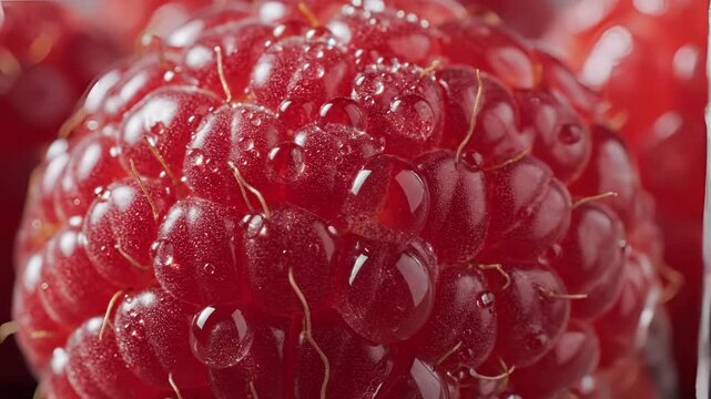 Macro shot of a fresh juicy raspberry with water droplets glistening.