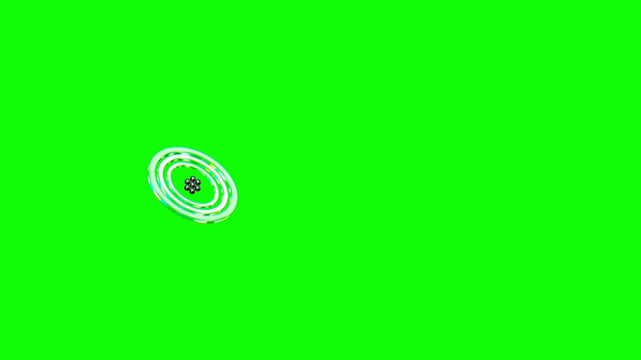 Atomic particle model with shiny metallic spheres and spinning orbital rings rotates on a green screen background in a futuristic 3D animation loop for tech intros