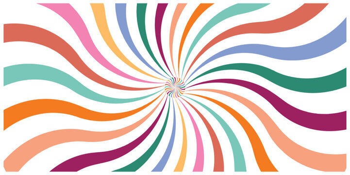 Vintage groovy starburst backdrop with flowing swirl waves in pink, orange, blue, and green shades.  Psychedelic retro 70s inspired abstract pattern for posters, banners, prints, and modern web design