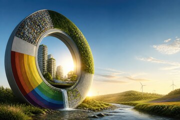 Fototapeta premium Futuristic sustainable landscape with rainbow eco ring waterfall city skyline and wind turbines at sunrise