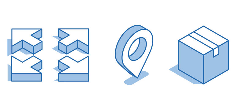 Isometric vector icon set of a box next to a location icon and arrows in four directions on a white background, parcel delivery