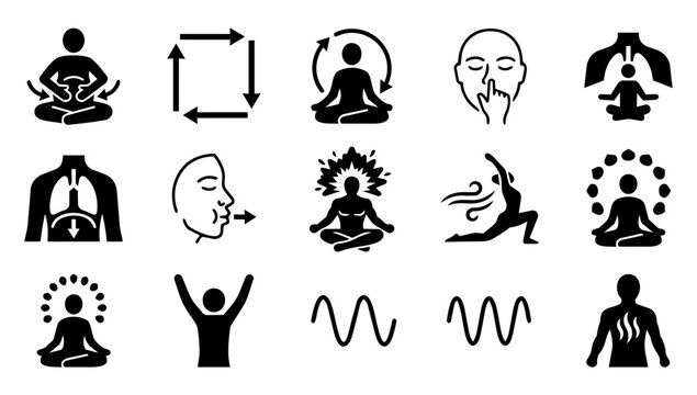 Breathing Technique and Respiratory Exercise Silhouette Icons Set