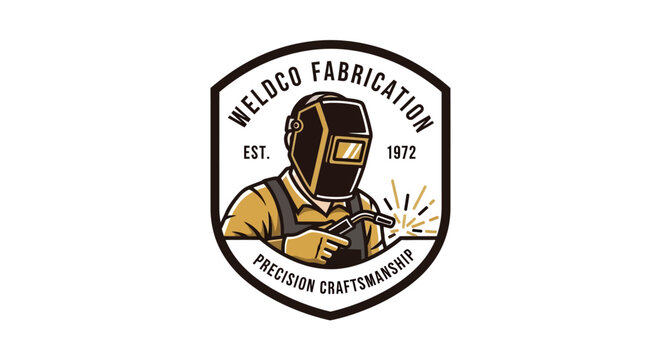 Welding fabrication logo with craftsman at work.