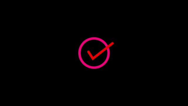Abstract check mark red color, Tik mark icon animation. Animated OK Check Mark Icon on black Background