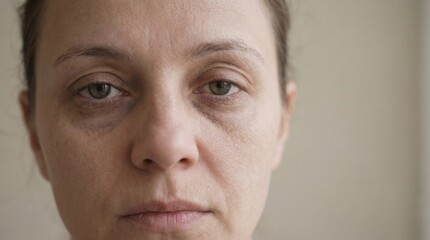 Obraz premium Tired woman face close up with dark circles under eyes, fatigue and lack of sleep concept, natural skin texture portrait