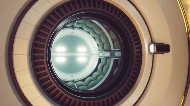 Padded circular passage space station crew module entrance with cushioned liner, soft ambient illumination, insulation panels and quiet atmosphere