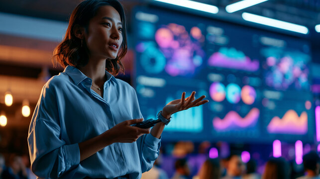 Female presenter on stage using a remote control to advance slides during a product launch event, with animated infographics and statistics visible on the large presentation