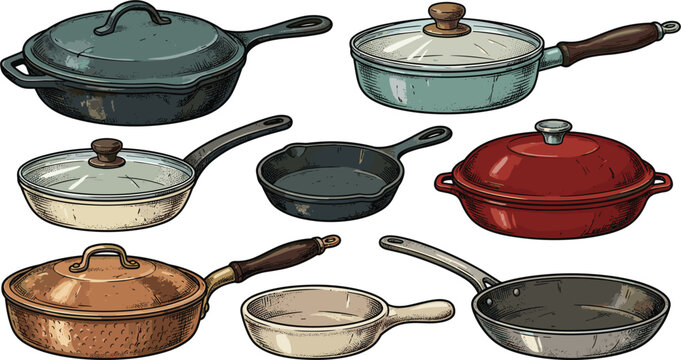 Vintage kitchen pans and frying skillets set, hand drawn vector illustration of cookware collection for cooking