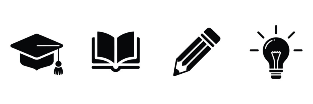 Education vector icon collection in black minimalist style with learning, knowledge, and creativity symbols.
