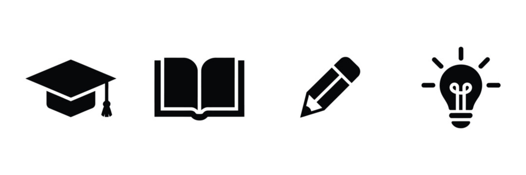 Black minimalist education icon set featuring graduation cap, open book, pencil, and light bulb for learning and ideas.