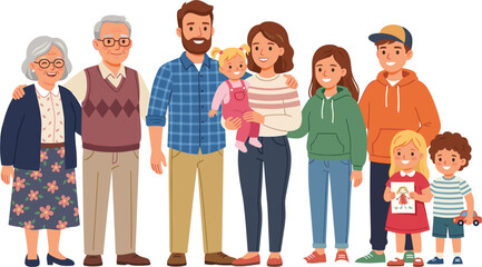 Obraz premium Happy multi generational big family portrait, flat vector illustration of relatives standing together isolated on white
