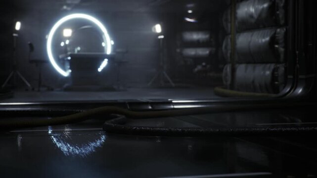 Orbital freight area. Spacecraft cargo bay with glowing ring and silent floor. Mobilization dock for space station featuring bright ring and empty shelves