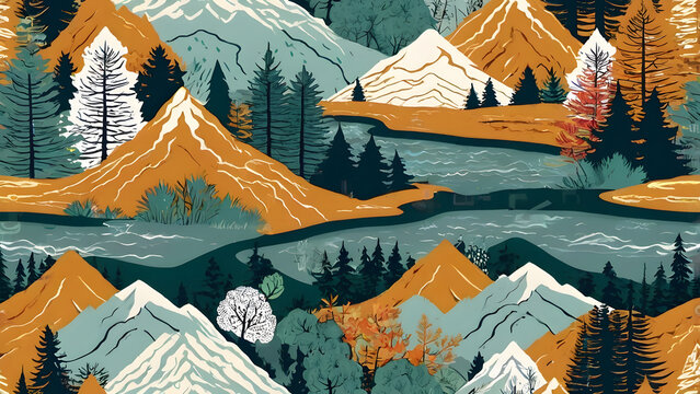 Seamless mountain landscape pattern with pine trees and rivers outdoor adventure