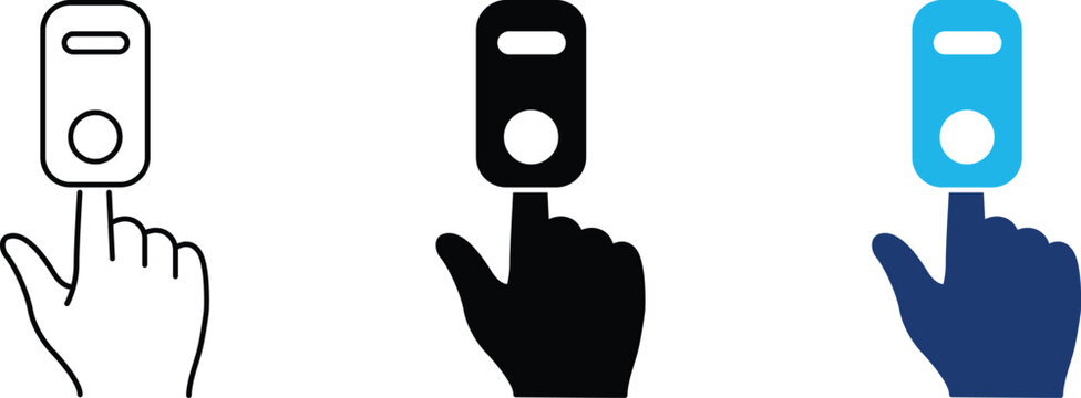 Pulse oximeter icon set representing blood oxygen saturation measurement and heart rate monitoring. Symbol of medical device, fingertip sensor, healthcare technology, and clinical diagnostic tool.