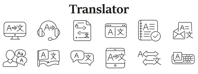 Fototapeta premium Translator interface set icon. Monitor translation, headset service, document arrows, browser window, checklist file, mail translation, user bubbles, flag dictionary, speech bubbles