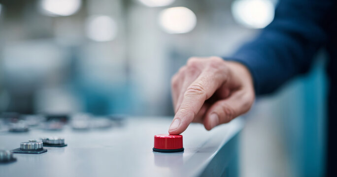 Hand pressing red emergency stop button