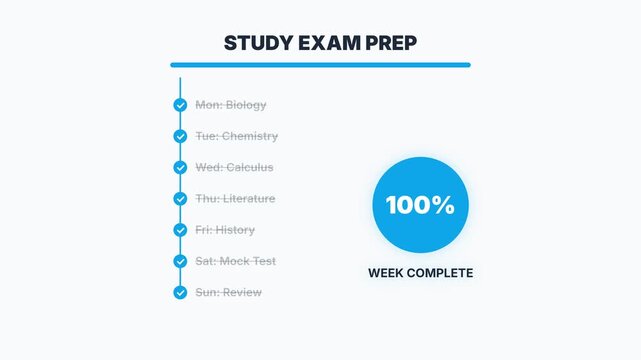 Study Exam Prep Weekly Planner Animation with Checklist and Percent Completion Dial