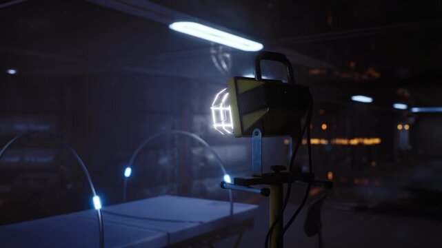 Filming light on space station workbench with tripod and cables, archival recording vibe, cool cinematic toning, equipmentfocused research documentation moment.