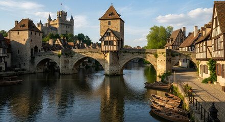 Fototapeta premium Old stone bridge over river town.